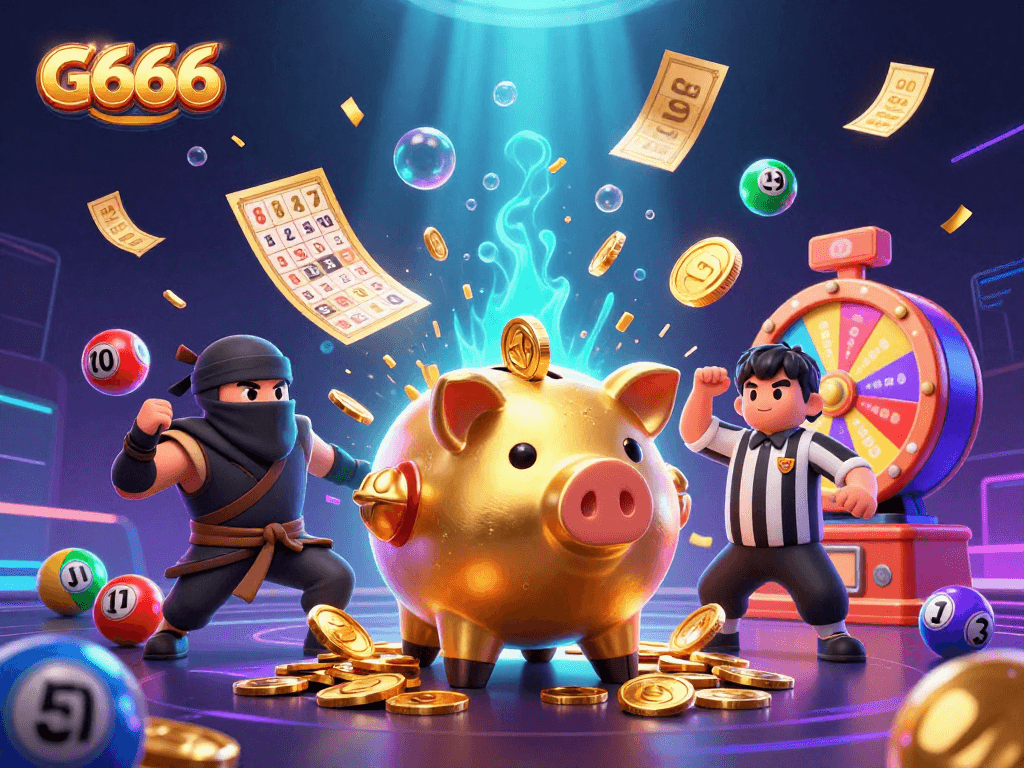 Join the thrill of G666 as the enormous piggy bank sumo wrestler and ninja square off with dynamic elements of lottery action!