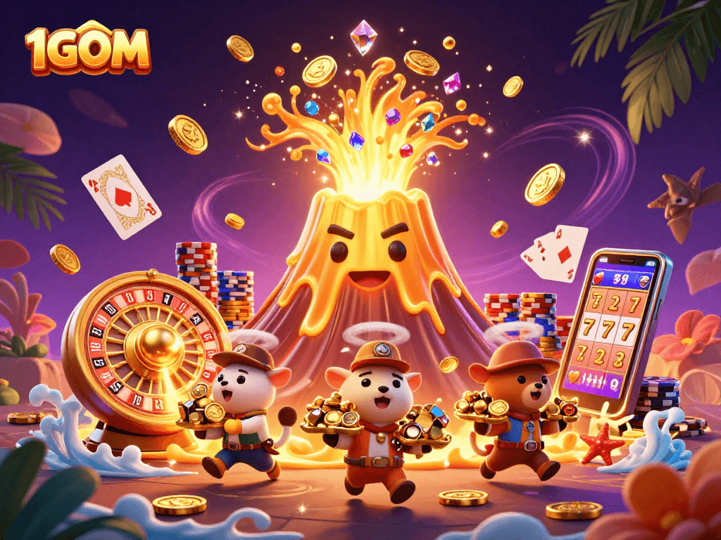 Experience the thrill at 1GOM with exciting casino action, featuring vibrant gold coins and lively characters.
