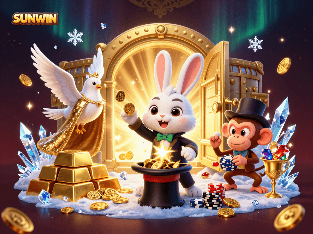 SUNWIN online gaming platform showcasing a whimsical scene with a magician rabbit, glamorous dove, and monkey stealing poker chips amidst treasure.