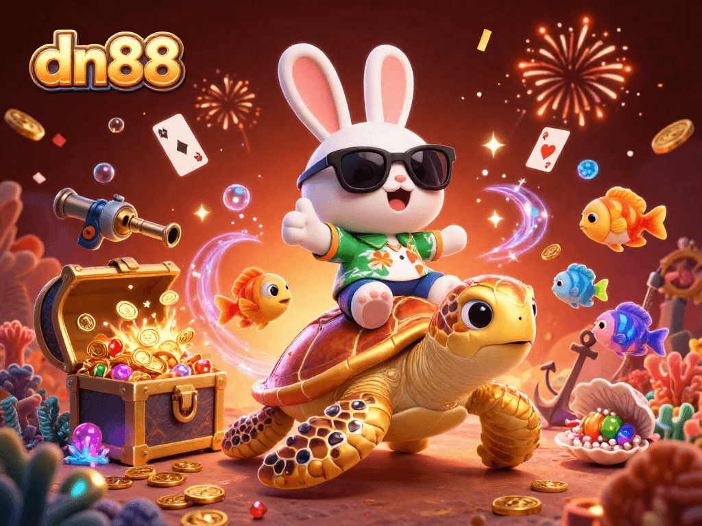 Engage in the excitement of dn88 with a joyful rabbit and golden turtle amid vibrant underwater scenes.