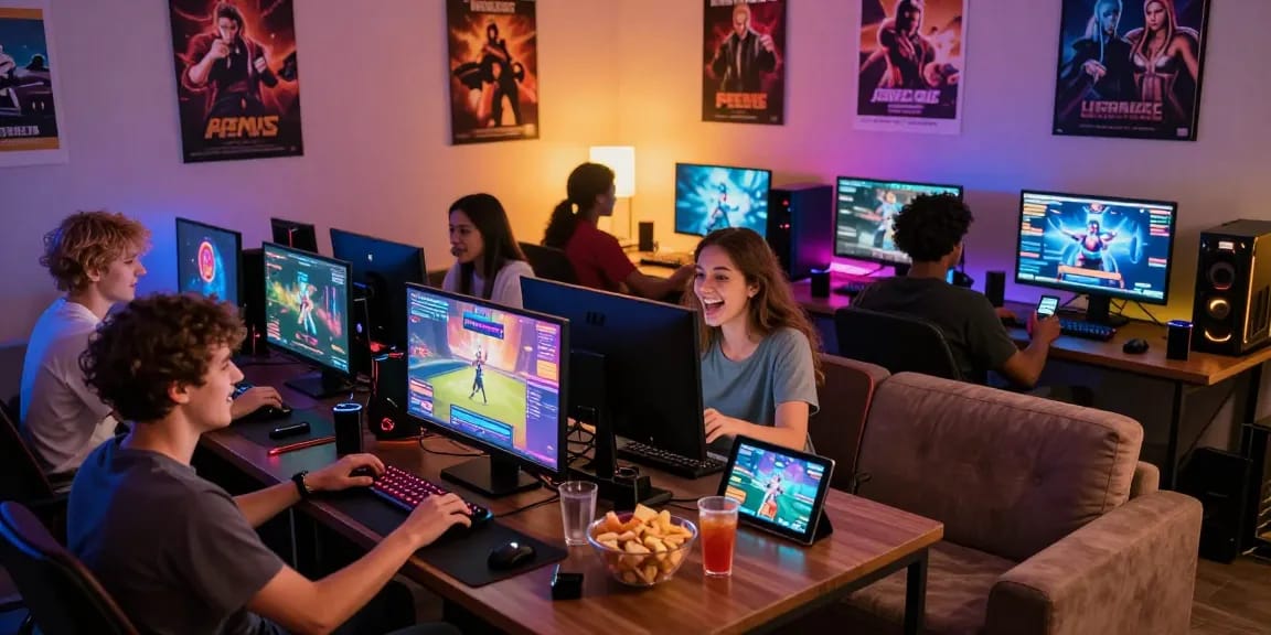 Friends enjoying free sex games in a colorful gaming lounge filled with excitement.
