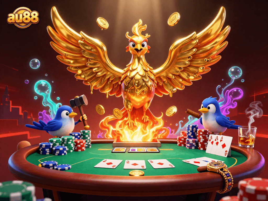 Experience thrilling wins at au88 with a dynamic scene of a golden phoenix and poker elements.