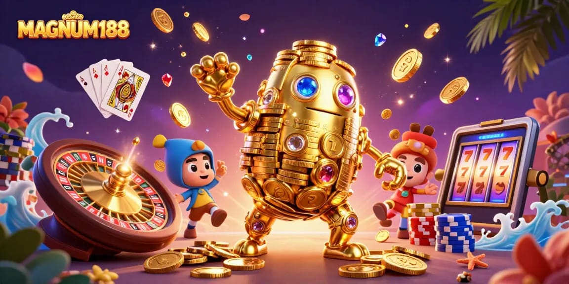 Experience MAGNUM188 with dynamic slot reels and colorful casino elements in this vibrant illustration.
