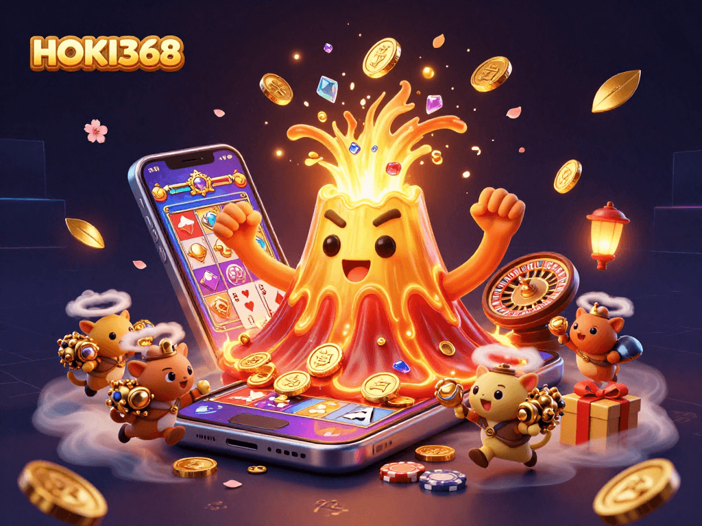 Experience winning potential with HOKI368's dynamic online slots illustrated with a volcano of treasures.