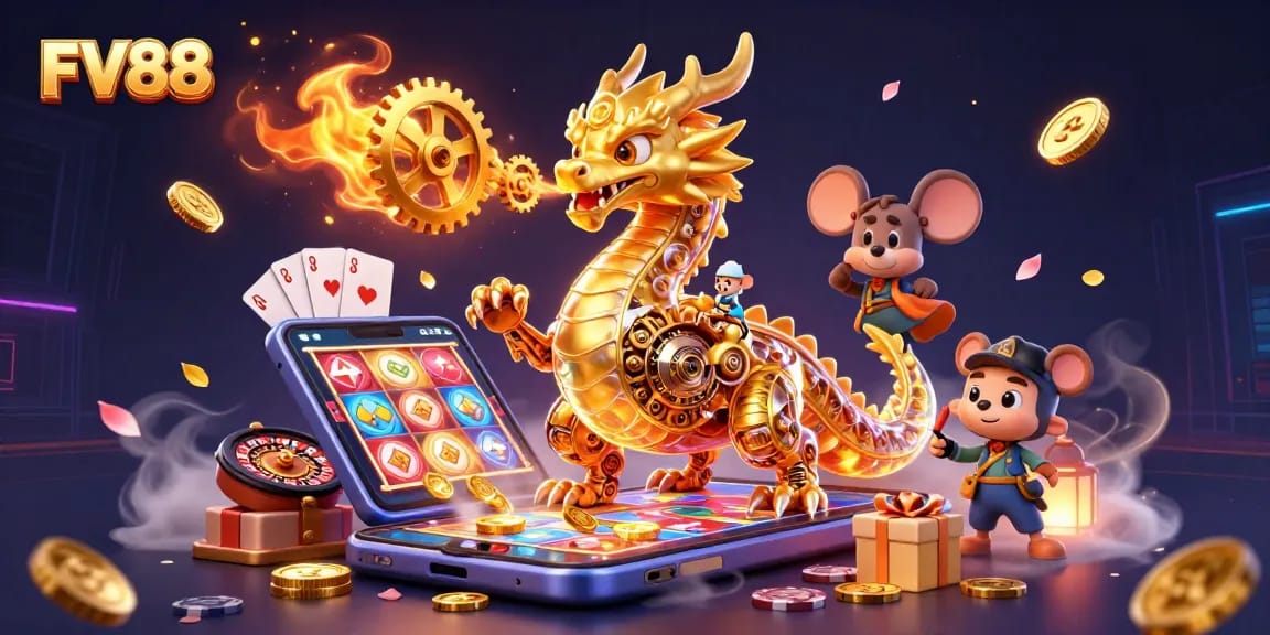 Experience the engaging world of FV88, featuring a golden dragon amidst exciting slot games and vibrant casino elements.