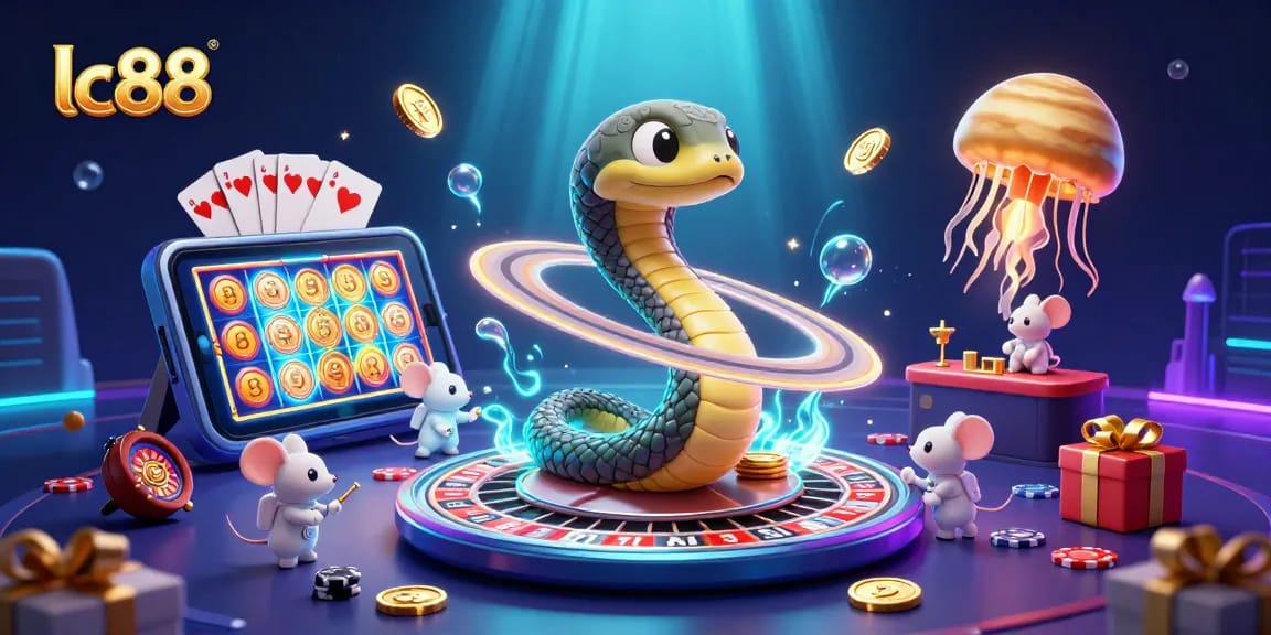 lc88 illustrates players engaging with a vibrant 3D cosmic casino scene filled with enchanting characters and games.
