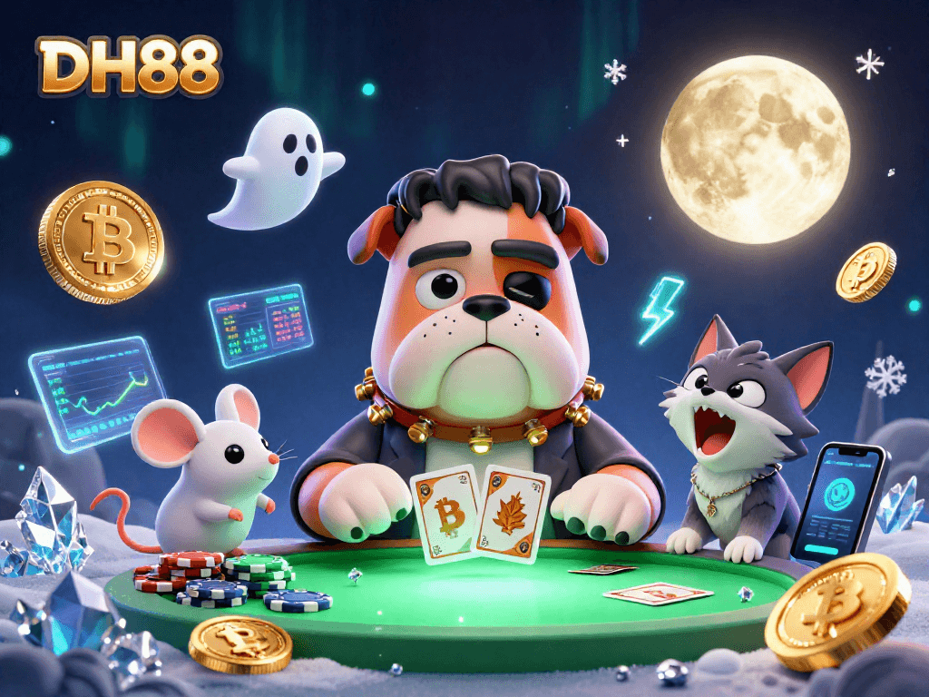 Engage in thrilling hands of cards at DH88 with a spooky scene of a Frankenstein bulldog monster, a ghost mouse, and a werewolf kitten.