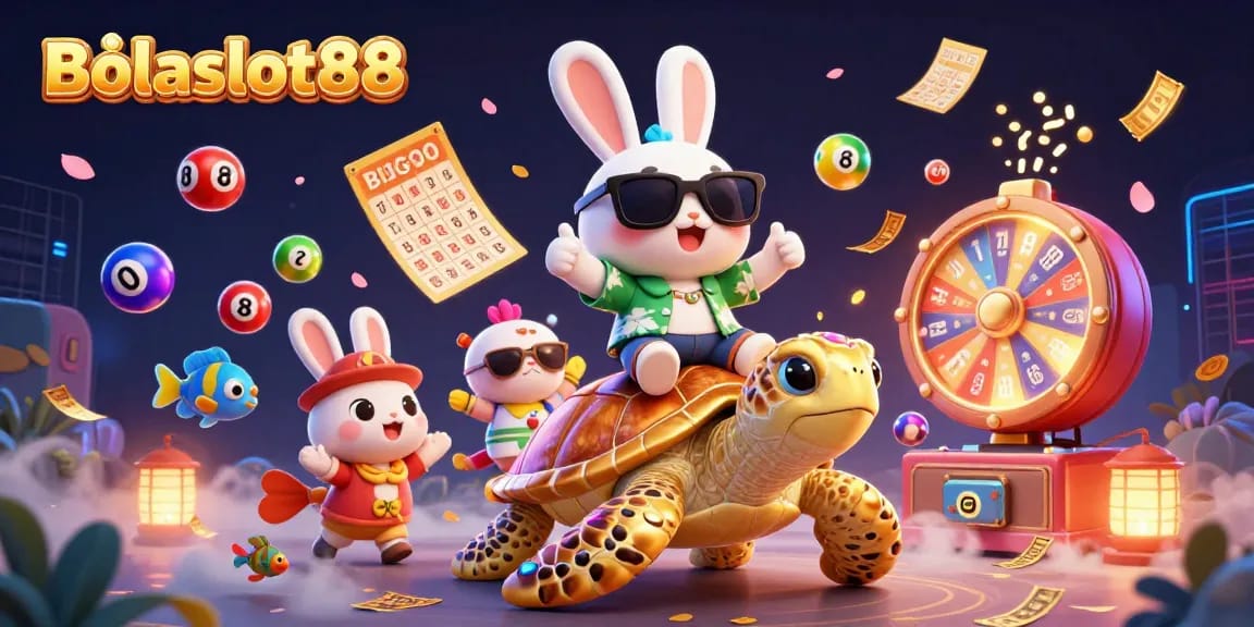 Bolaslot88 offers thrilling gameplay with a lucky rabbit and a golden sea turtle in a vibrant casino scene.