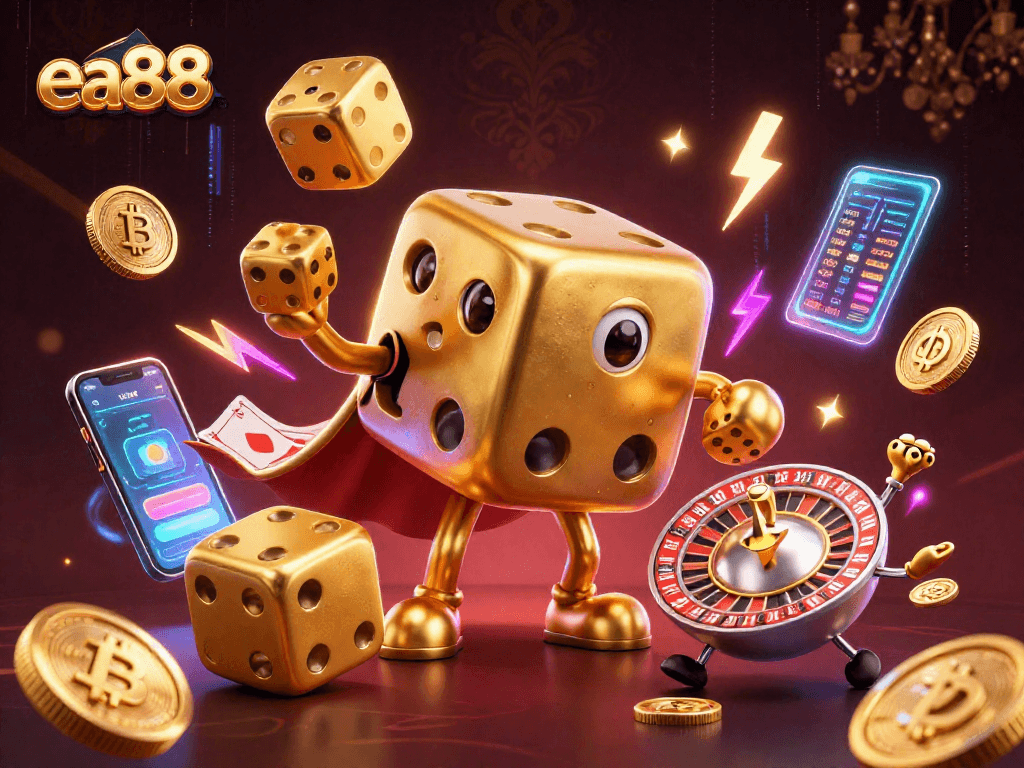 Experience fun at ea88 with a 3D lively casino scene featuring animated characters and vibrant casino elements.