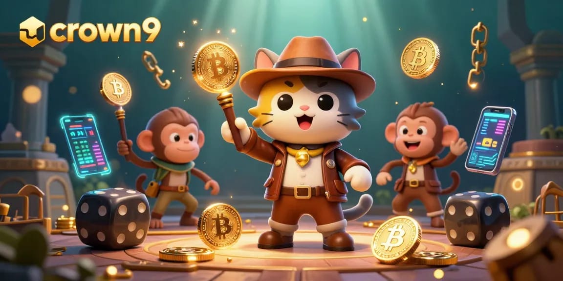Crown9 gamers spin fortunes with a glowing treasure trove in an ancient temple scene.