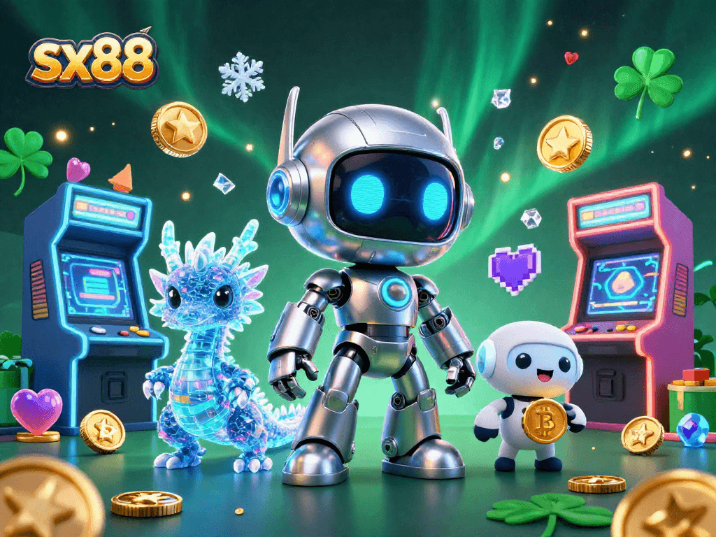 Engage with sx88 gaming excitement featuring a robot mascot, AI dragon, and vibrant casino elements.