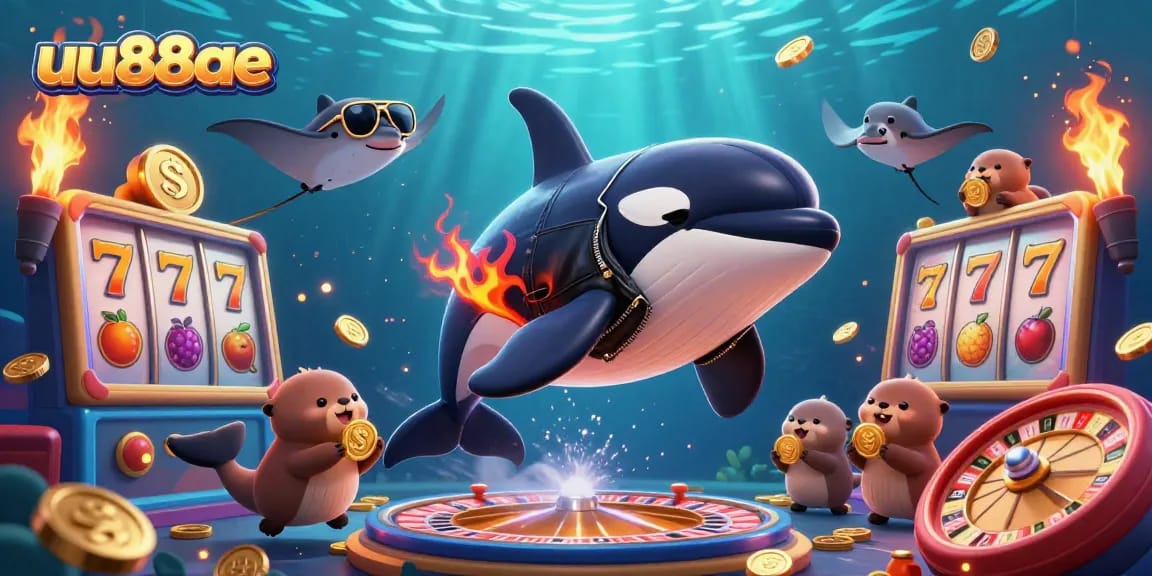 The colorful casino environment highlighting uu88ae features an orca whale, stingray, and otters with coins.