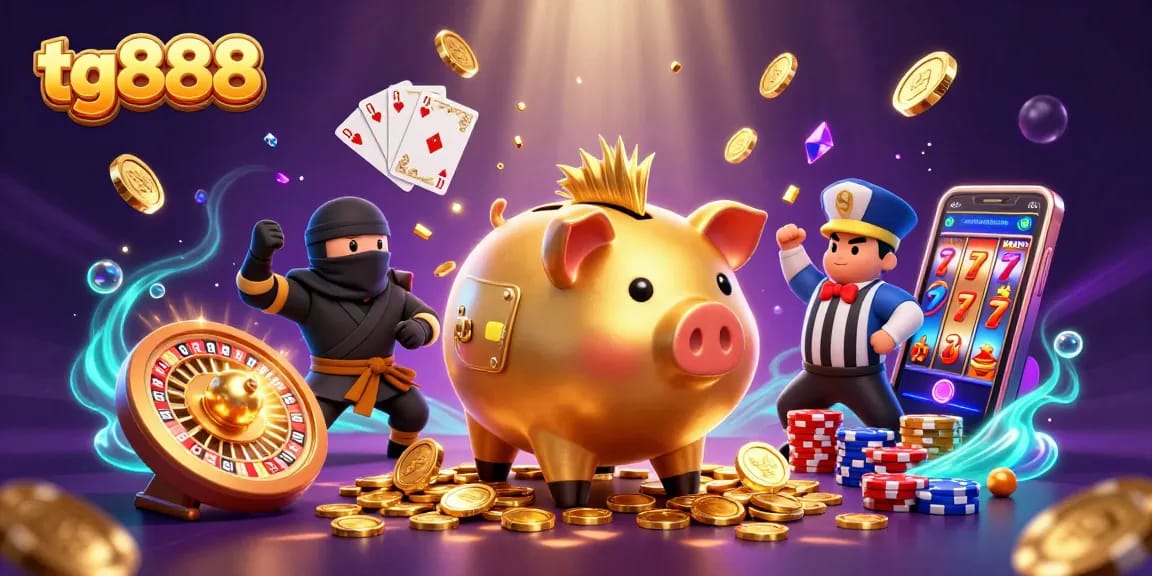 Experience the excitement of tg888 with a 3D illustration showcasing a piggy bank sumo wrestler and casino elements.