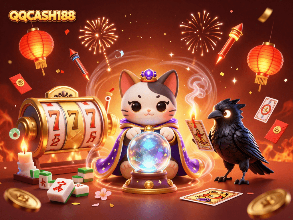 Win big at QQCASH188 with a captivating scene of luck and fortune, featuring a mystical cat and tarot raven.