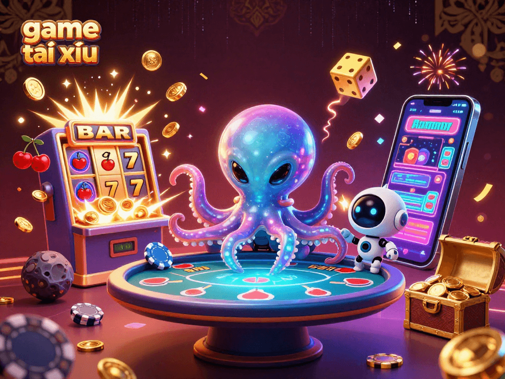 Experience thrilling game tài xỉu action with a vibrant alien octopus at a holographic table.