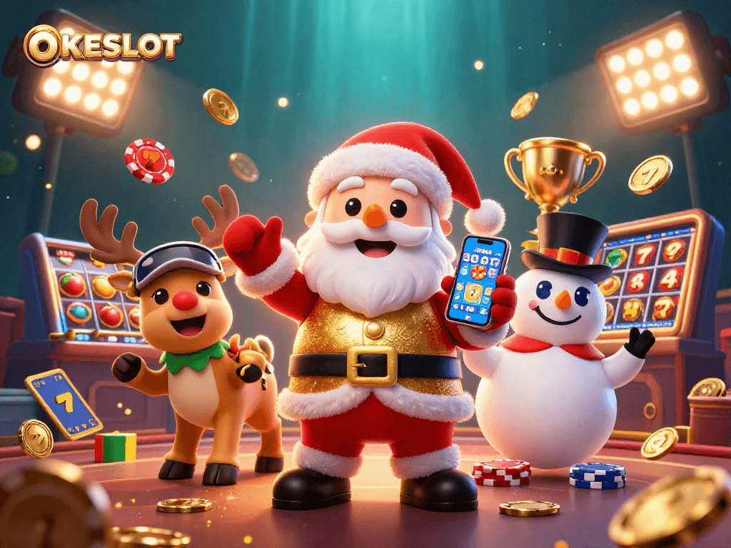 Menangkan jackpot di OKESLOT dengan karakter kartun Santa Claus, rusa, dan manusia salju yang ceria.