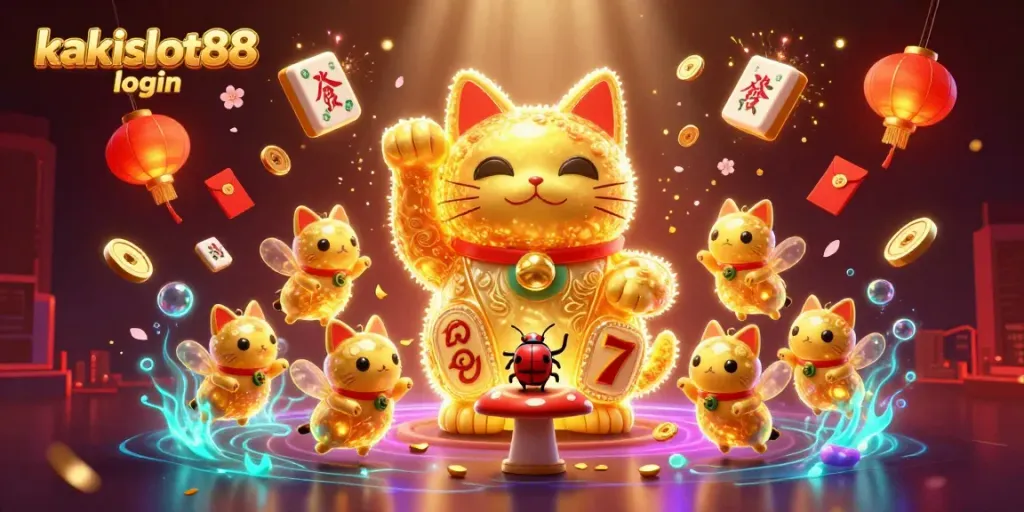 Raih peluang kemenangan di kakislot88 login dengan gambar kucing keberuntungan yang dikelilingi simbol kasino