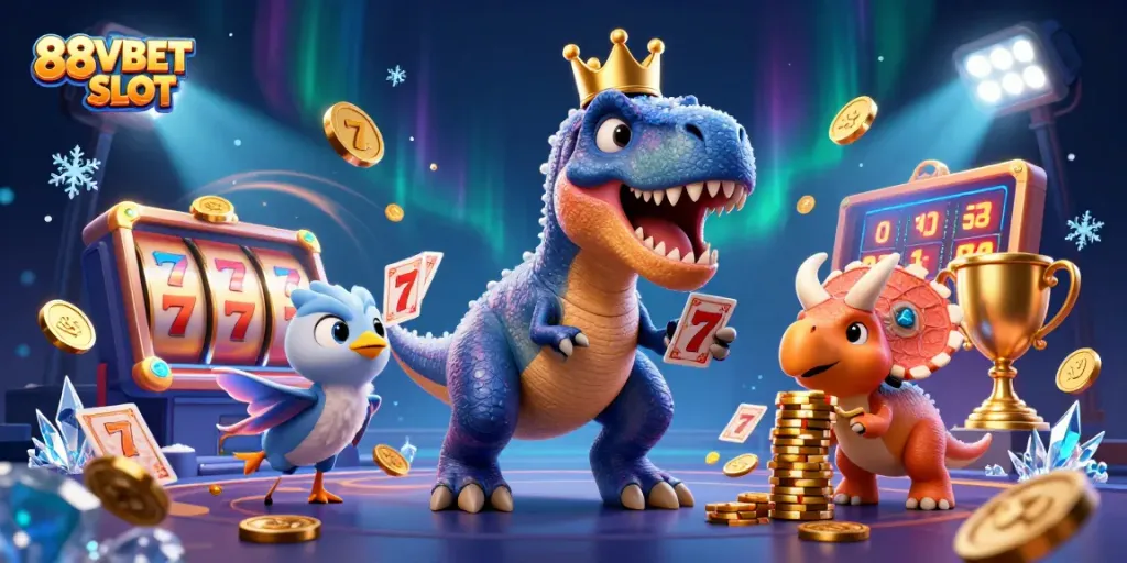 Engage with 88VBET SLOT in this dynamic 3D illustration showcasing fun characters and vibrant slot elements.