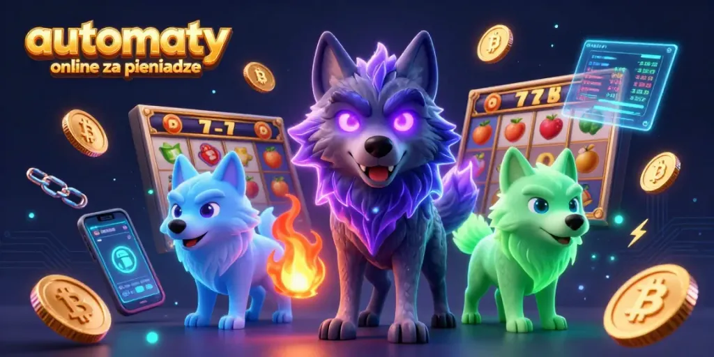 Play automaty online za pieniadze in a vibrant 3D casino scene with ghostly wolves and crypto elements.