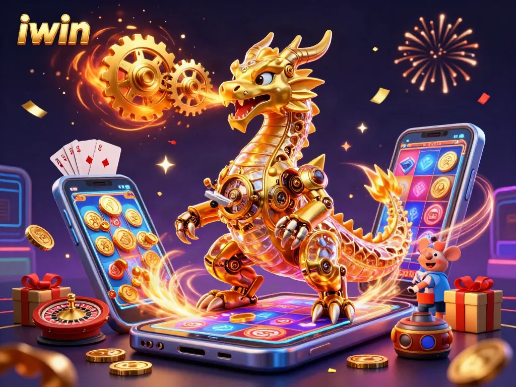 iwin showcases a dynamic scene with a golden dragon and casino elements, highlighting gaming excitement.