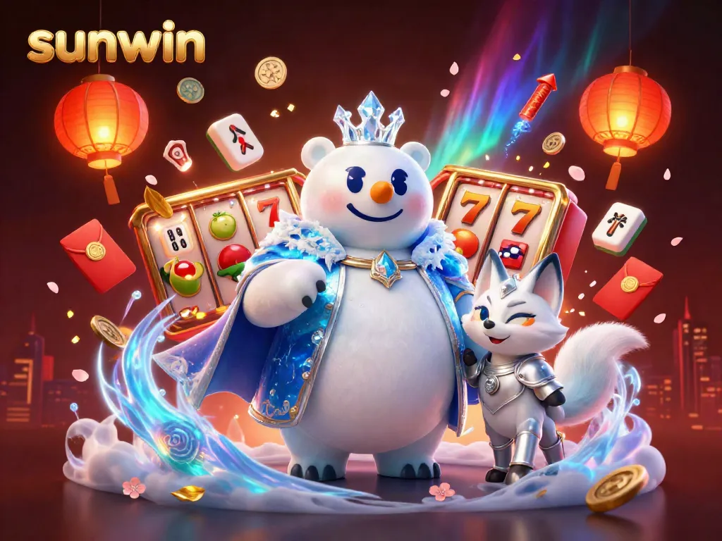Sunwin's vibrant casino scene with an ice king polar bear and snow fox in a dynamic gambling atmosphere.