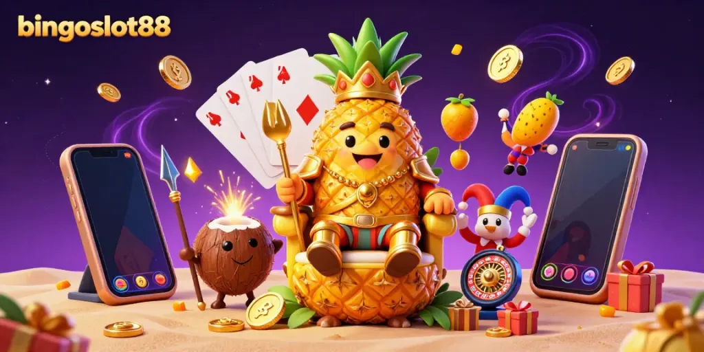 Gambarkan bingoslot88 dengan karakter kasino yang ceria di pantai, menampilkan slot dan koin emas.