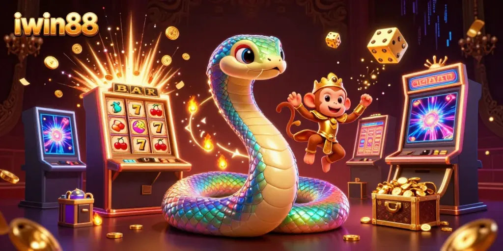 Experience the thrilling excitement of iwin88 with a dynamic casino scene featuring slots and magical creatures.