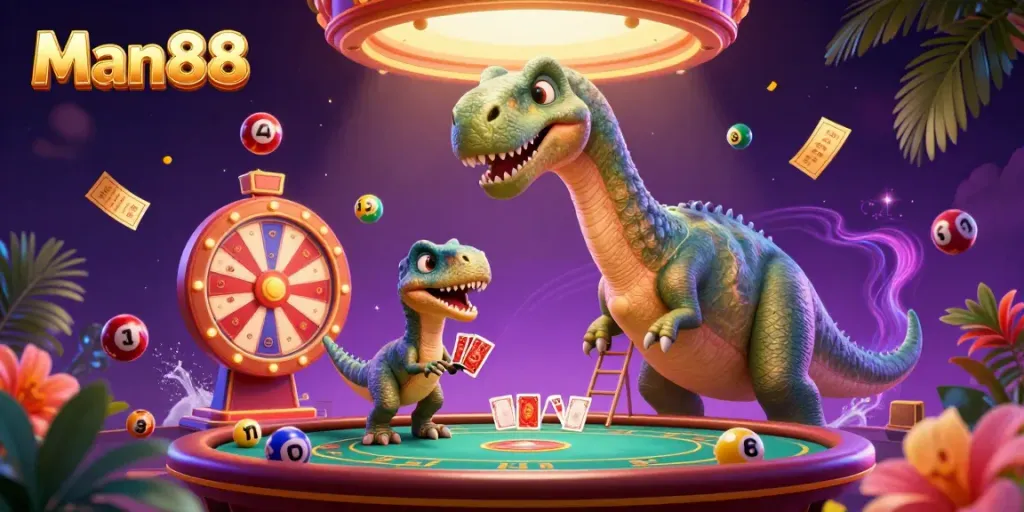 Engage with the thrilling world of Man88 through a vibrant 3D casino illustration showcasing dynamic characters and exciting game elements.