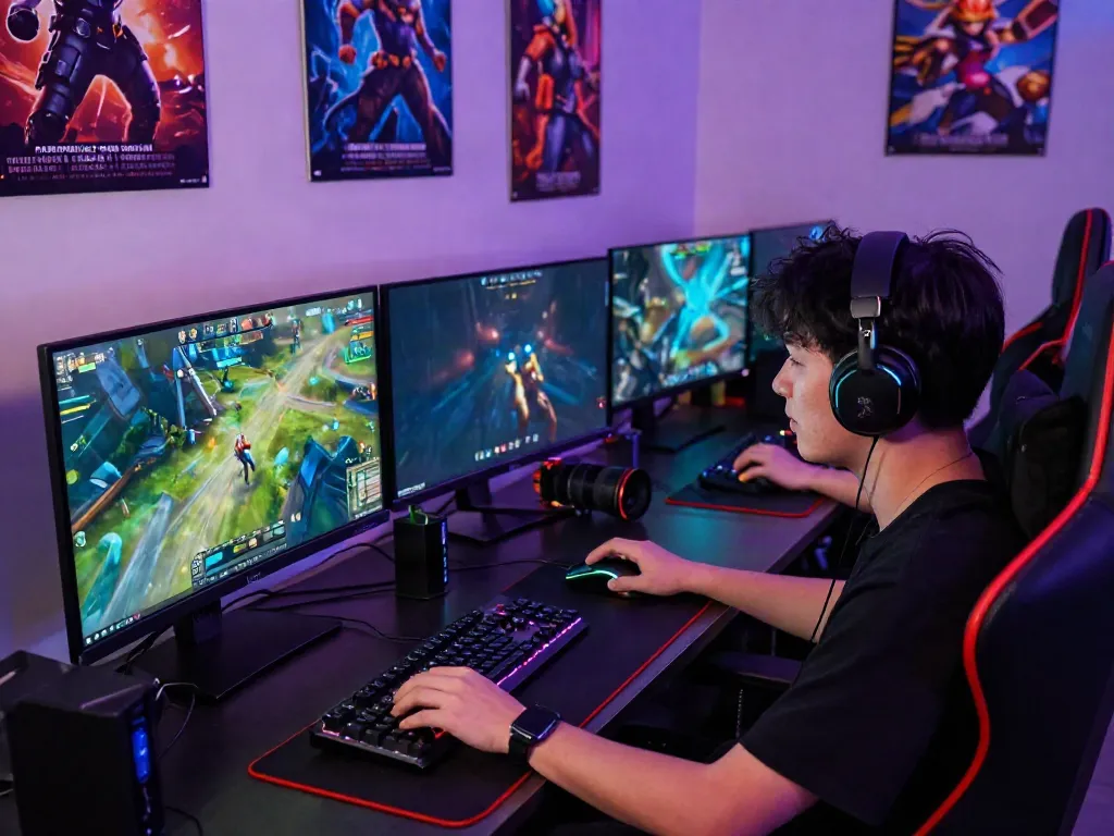 Engaged gamer at HITCLUB enjoying immersive gameplay on multiple screens.
