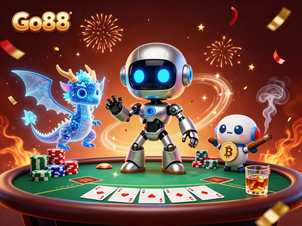 Engage with Go88's vibrant gaming scene highlighted by a futuristic robot and poker elements