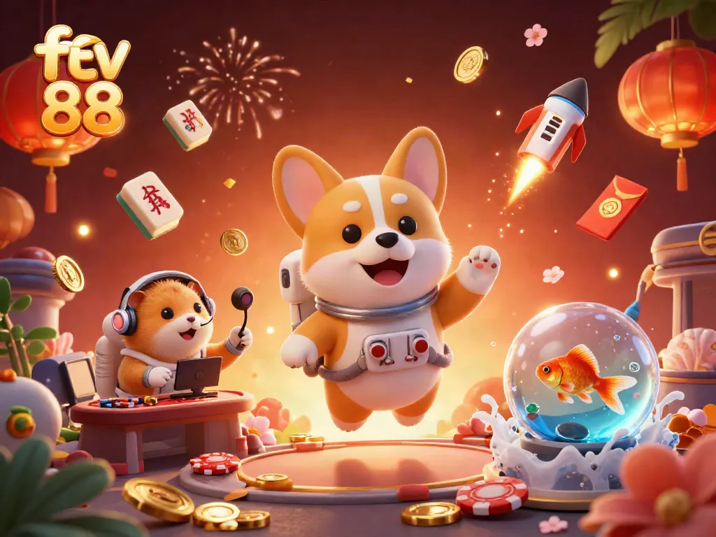 Discover thrilling gameplay at five 88 with our cartoon astronaut corgi and vibrant casino elements.