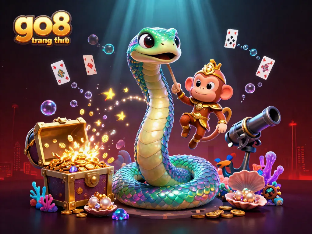 Experience the vibrant world of go8 trang chủ with a colorful casino adventure featuring a rainbow serpent and treasure.