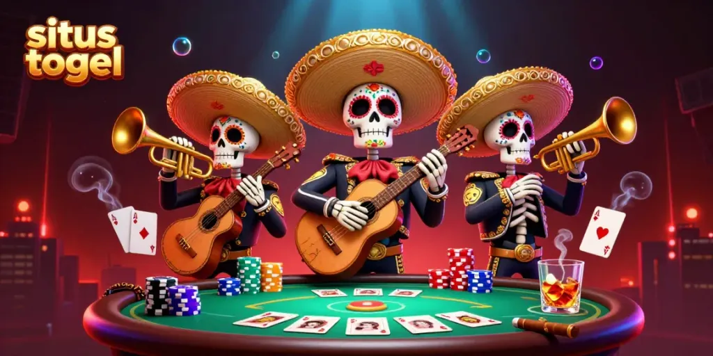Ilustrasi 3D situs togel memperlihatkan band mariachi skeleton dengan elemen poker yang menarik.
