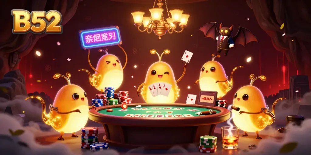 Experience thrilling B52 casino action as glowworms illuminate the vibrant game scene with poker chips and cards.