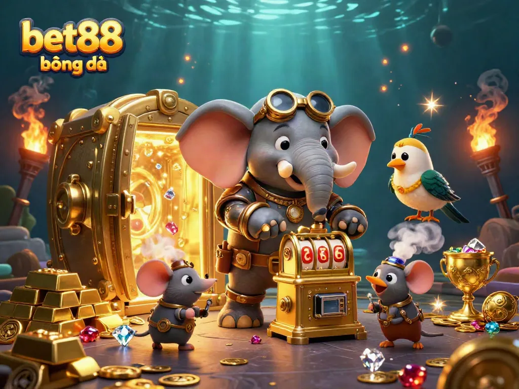 Experience the thrill of bet88 bóng đá with a steampunk elephant operating wealth-filled slot machines surrounded by treasures.