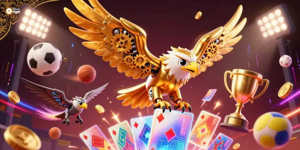 Situs togel showcases a vibrant 3D illustration of a cybernetic eagle amidst dynamic sports elements in a casino-themed setting.