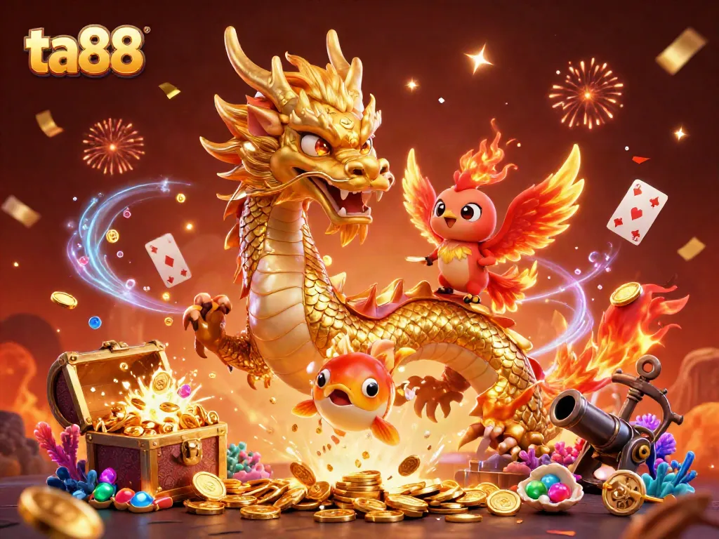 Experience the thrilling ta88 casino adventure featuring a dragon, phoenix, and koi fish amidst dynamic game elements.