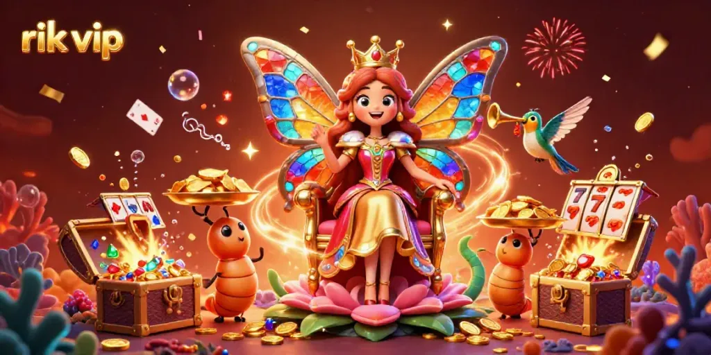 Experience thrilling gameplay with rik vip, featuring a butterfly queen amidst vibrant casino treasures.