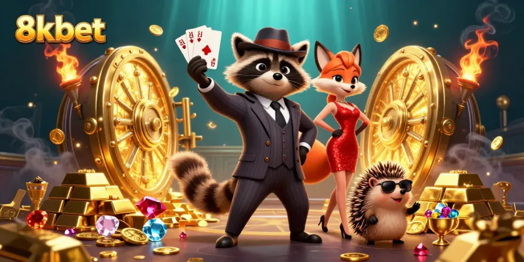 Play cards with friends at 8kbet casino, featuring a suave raccoon and charming companions.