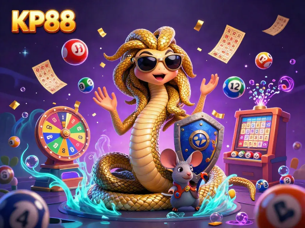 Engage with KP88, a lively 3D illustration showcasing Medusa and a warrior mouse amidst colorful casino elements.