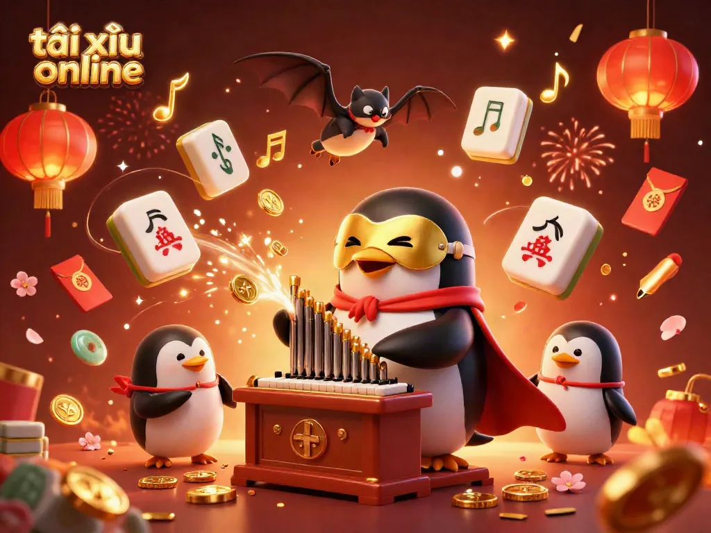 Experience the thrill of tài xỉu online with a vibrant 3D casino scene featuring a penguin organist and dynamic elements.