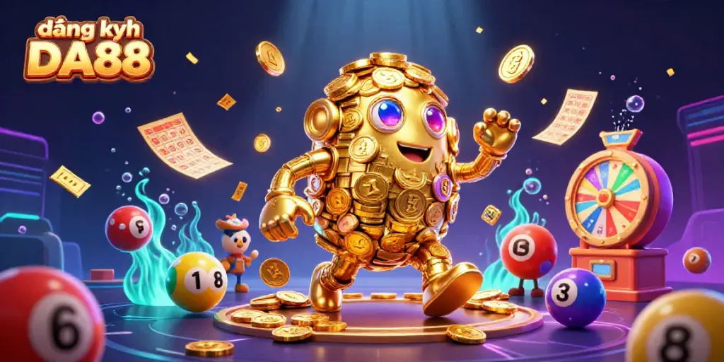 Engage in thrilling experiences with đăng ký DA88 featuring a golden golem and vibrant lottery elements.