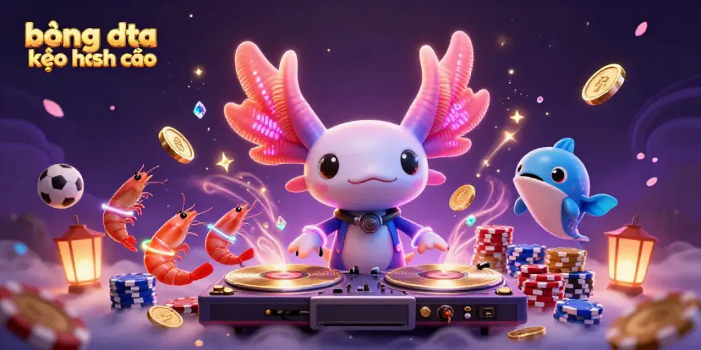 Engaging 3D scene depicting bóng đá kèo nhà cái with a neon axolotl DJ, colorful poker chips, and dynamic sports elements.