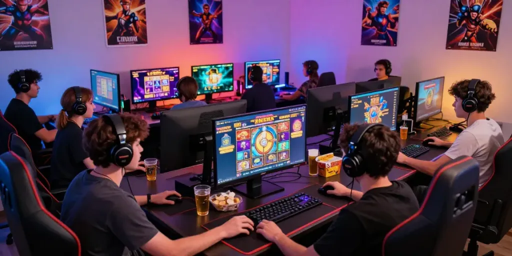 Engaging community playing on a situs gacor platform, showcasing colorful slot games and vibrant gaming atmosphere.