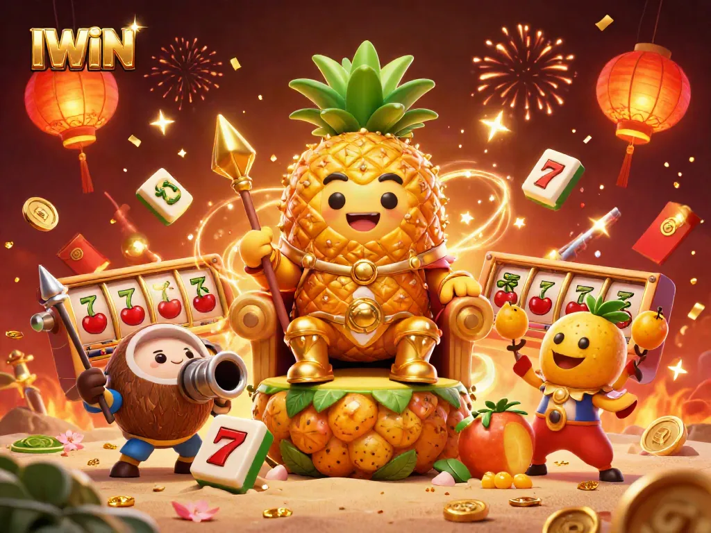 IWIN jackpot scene featuring the golden pineapple king with vibrant casino elements and festive details