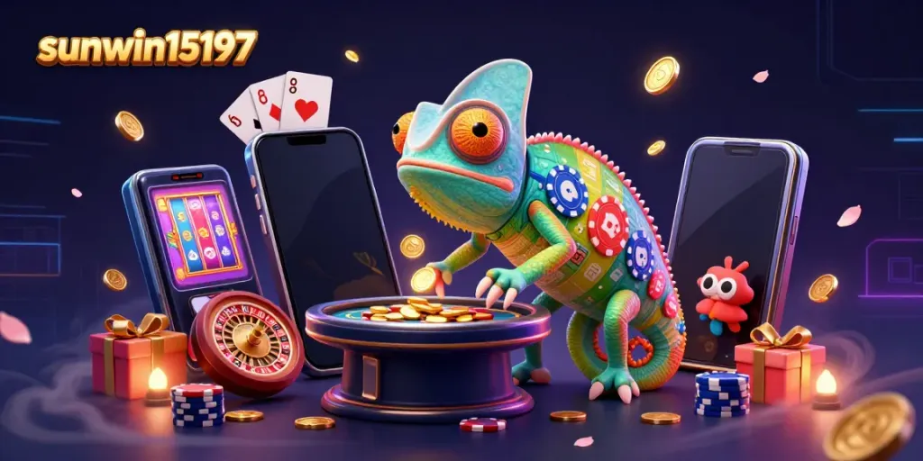 Experience the exciting world of sunwin15197 as the vibrant chameleon casino owner interacts with gambling elements.