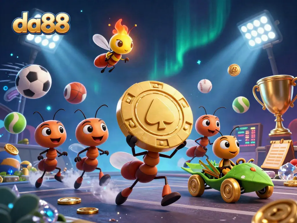 Experience thrilling gameplay at da88 with energetic ants carrying poker chips in a vibrant casino scene.