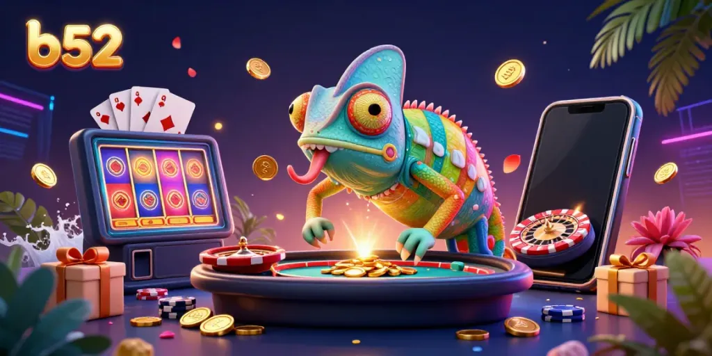Engage with vibrant b52 casino excitement as colorful chameleon snaps up coins amidst dynamic gaming elements.