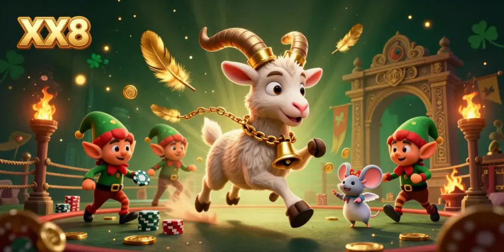 Experience the excitement of XX8 in a dynamic casino scene filled with festive chaos, chips, and characters.