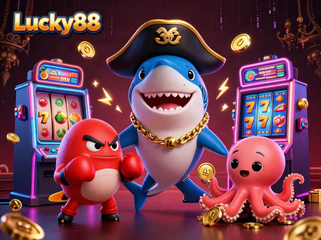 Spin to win at Lucky88 with dynamic characters and vibrant casino elements in a 3D cartoon scene.